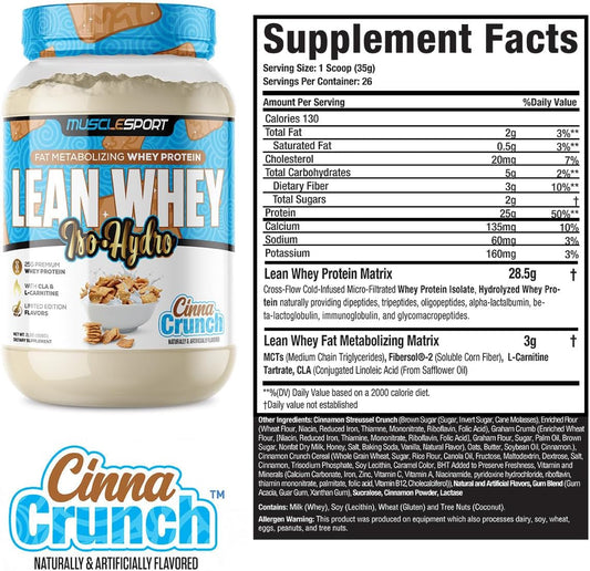 Musclesport Lean Whey Revolution™ Protein Powder - Whey Protein Isolate - Low Calorie, Low Carb, Low Fat, Incredible Flavors - 25G Protein Per Scoop - 2Lb Cinna Crunch