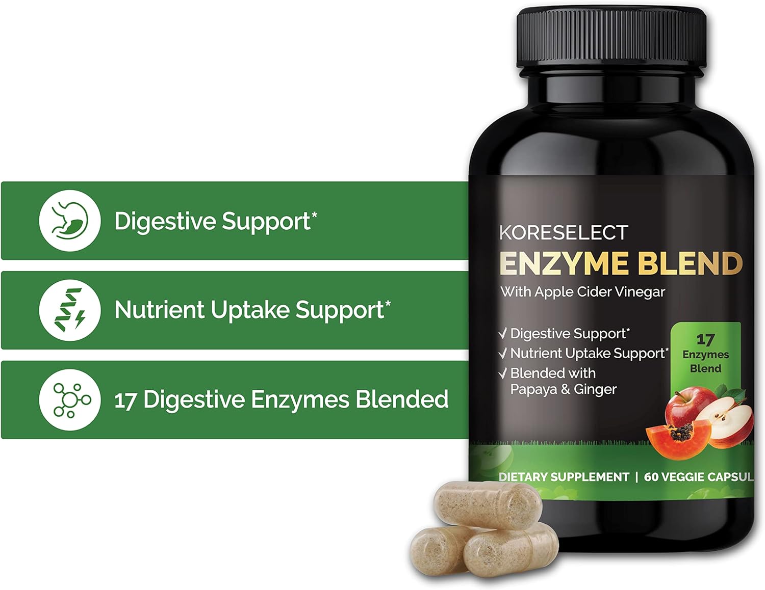 KORESELECT 17 Enzyme Blend for Digestive Gut Health Support Supplement, Immune Support, Bloating & Gas Relief, Nutrient Absorption, with Apple Cider Vinegar, Ginger, Papaya - 60 Capsules : Health & Household