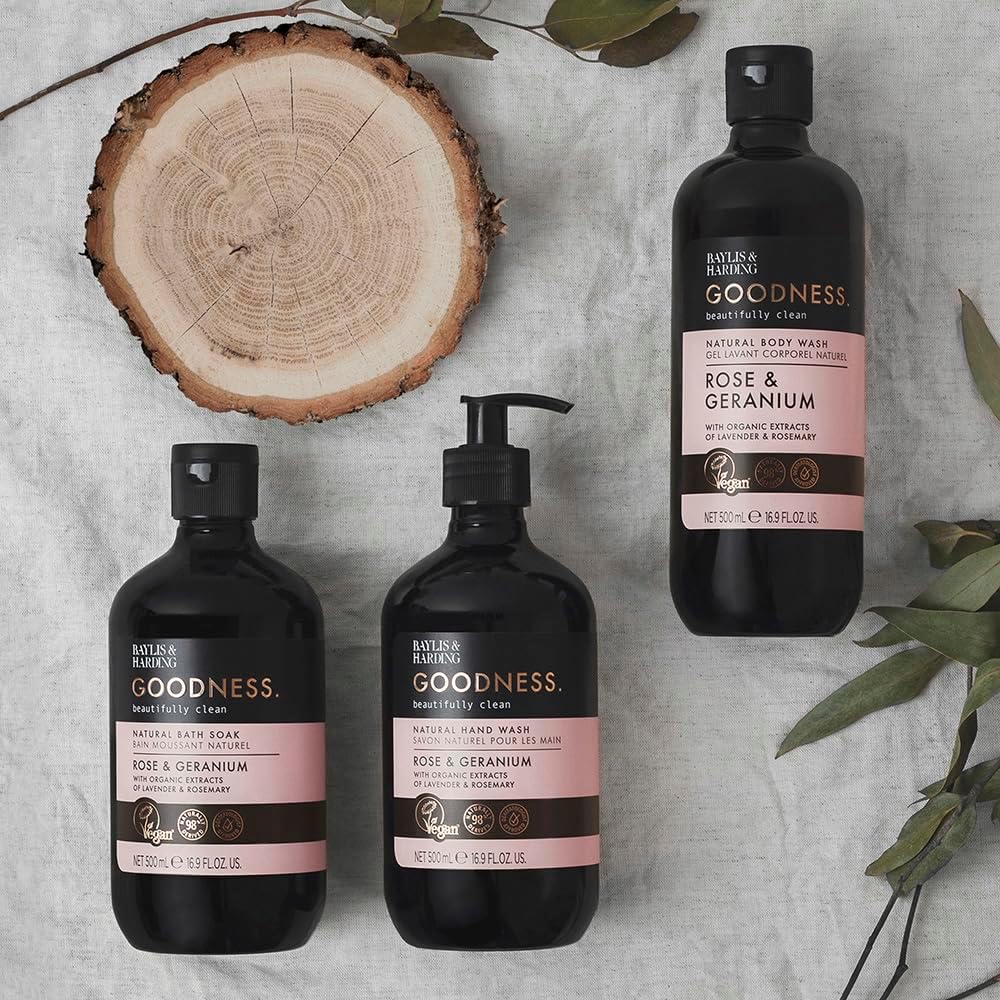Baylis & Harding Goodness Rose & Geranium Toiletries Bundle: 3 x 500 ml Hand Wash & 3 x 500 ml Body Wash (6 bottles) - Vegan Friendly : Amazon.co.uk: Beauty