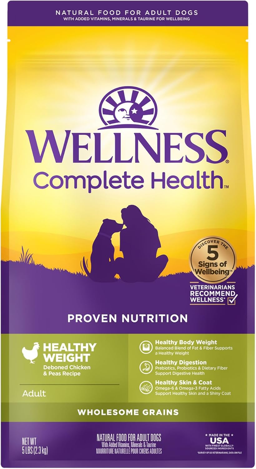 Wellness Complete Health Dry Dog Food With Grains, Natural Ingredients, Made In Usa With Real Meat, All Breeds, For Adult Dogs (Healthy Weight - Chicken & Potatoes, 5-Pound Bag)