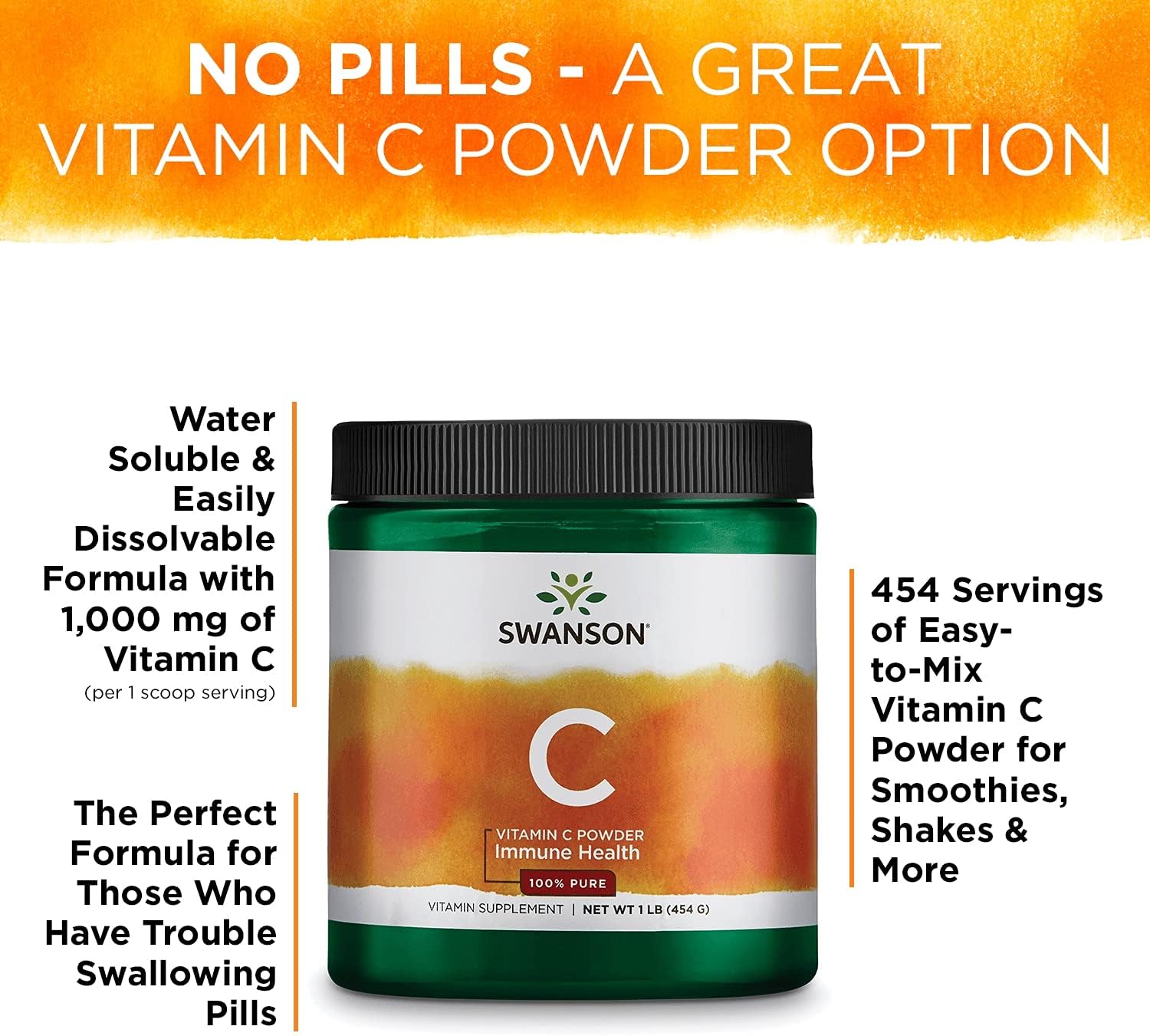 Swanson Vitamin C Powder 100% Pure Ascorbic Acid, Immune System Support, Skin Health, Cardiovascular Health, Antioxidant Supplement 1000 mg (per Serving) 1 lb. 454 g : Health & Household
