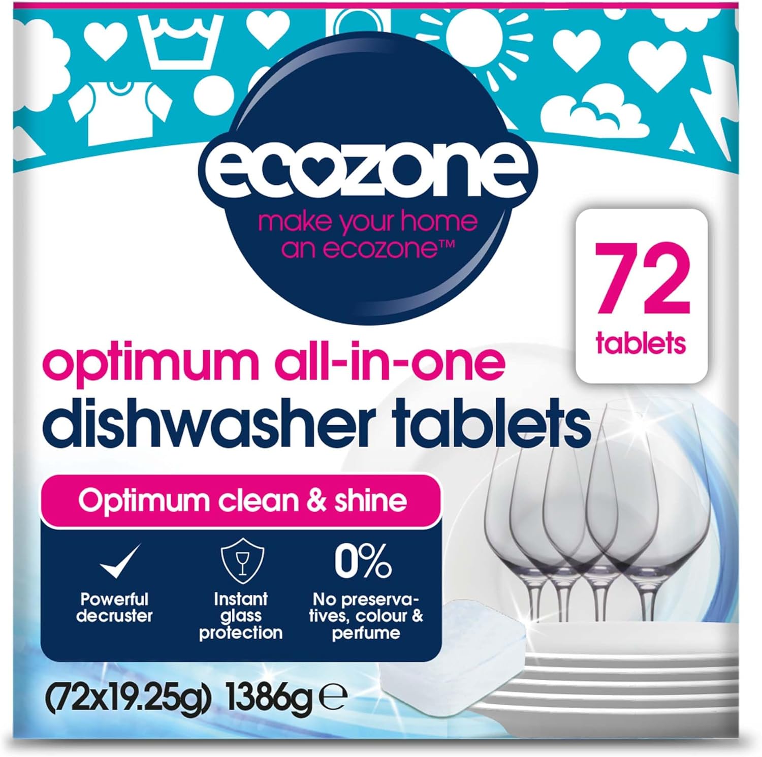 Ecozone Optimum All In One Dishwasher Tablets Bulk Buy X 72, Dishwashing Tablets With Salt, Rinse Aid & Extra Dry Effect, Powerful Degreaser & Dish Washer Tabs, Eco Conscious & Gentle On Appliances