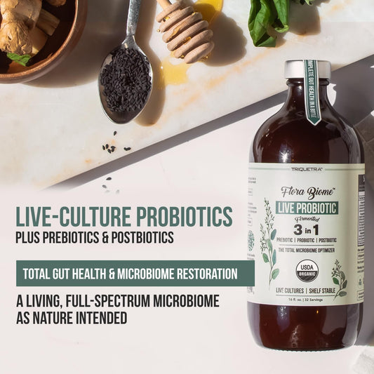 Flora Biome - Live Probiotic, Prebiotic, & Postbiotic – Organic Live-Culture – 10 Probiotic Strains, 18 Fermented Herbs - Complete Gut Health & Microbiome Optimizer (16 Oz)