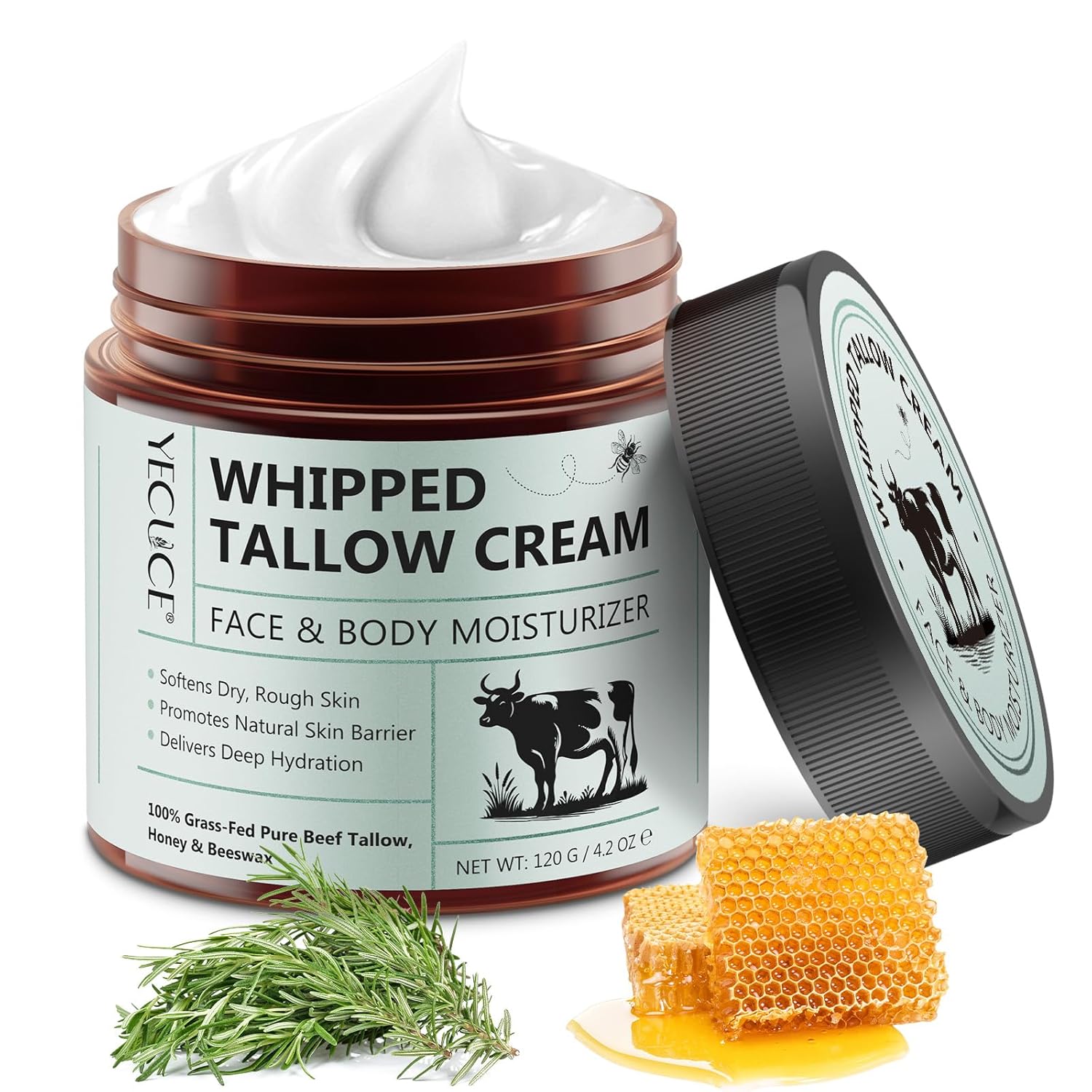 Beef Tallow For Skin, Tallow And Honey Balm (4.2 Oz) - Whipped Grass-Fed Beef Tallow For Face - Deeply Hydrating Tallow Face Moisturizer For Body - All-Natural Organic Balm With Honey & Beeswax