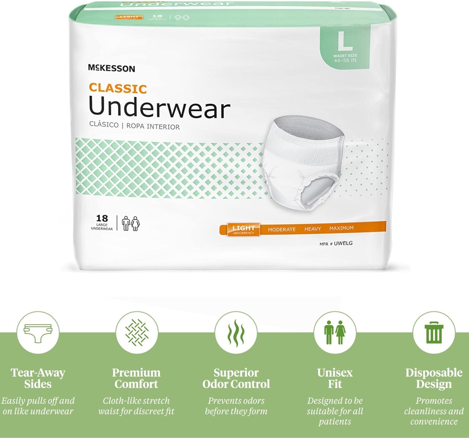 McKesson Classic Underwear, Incontinence, Light Absorbency, Large, 18 Count
