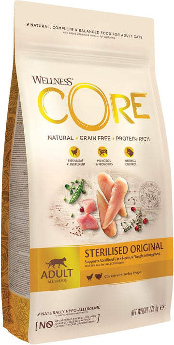 Wellness CORE Sterilised Original, Dry Cat Food, Cat Food Dry for Sterilised Cats, Grain Free, High Meat Content, Turkey & Chicken, 1.75 kg?10726