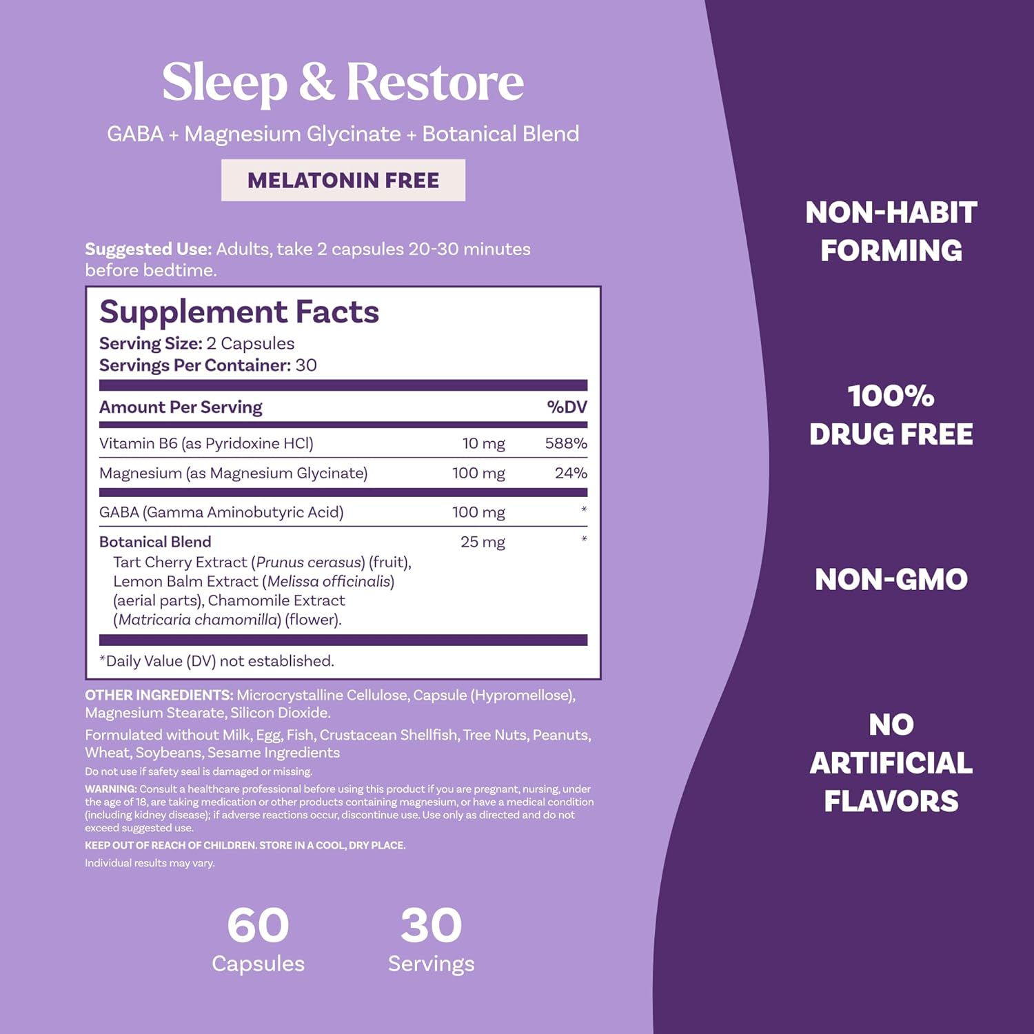 Natrol Sleep + Restore Capsules With Magnesium Glycinate 100Mg, Gaba, Botanical Blend For Better Night’S Rest, Melatonin-Free, 30 Day Supply