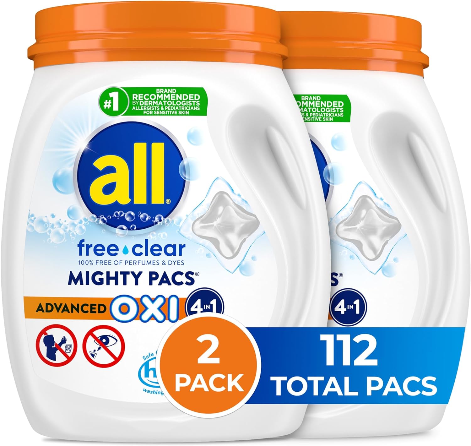 All Mighty Pacs Laundry Detergent With Oxi Stain Removers And Whiteners, Free Clear, 56 Count, Pack Of 2, 112 Total Loads