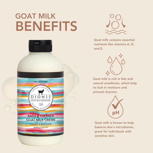 Dionis Goat Milk Skincare Unscented Bath Soap & Liquid Shower Crème, Skin Moisturizer & Hydrating Body Wash Made In The Usa, Cruelty Free Shower Gel For Sensitive Skin, 14.5 Oz Bottle