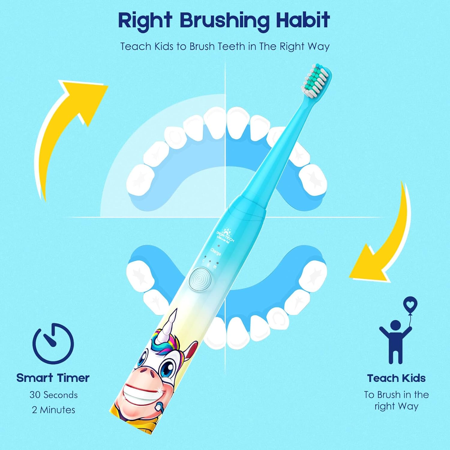 DADA-TECH Kids Electric Toothbrush Rechargeable, Soft Unicorn Tooth Brush with Timer Powered by Sonic Technology for Children Boys and Girls Age 3+, Waterproof for Shower and 3 Modes (Blue) : Health & Household