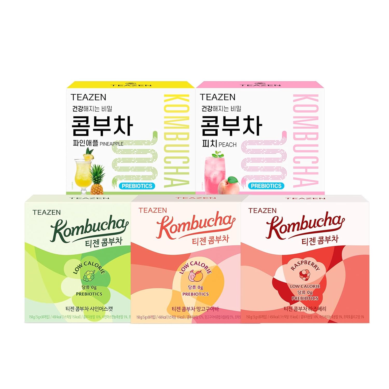 Teazen Kombucha 5 Flavors 150 Sticks Variety Pack, Kombucha Peach, Pineapple, Shine Muscat, Mango Guava, Raspberry (150 Sticks)