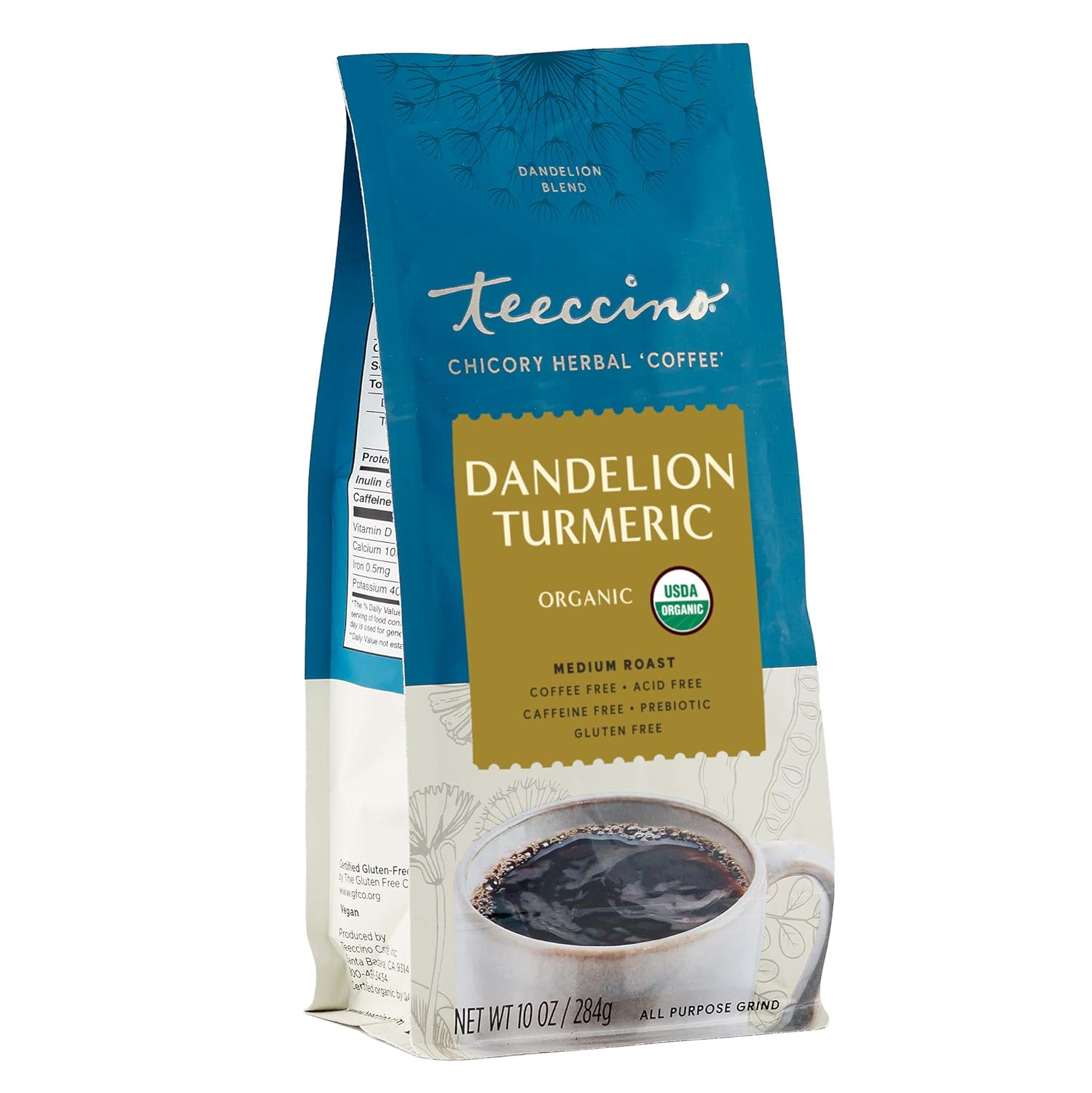 Teeccino Dandelion Turmeric Herbal Coffee - Caffeine-Free Coffee Alternative With Prebiotics, Gluten Free, Acid Free, Organic - Medium Roast, 10 Oz