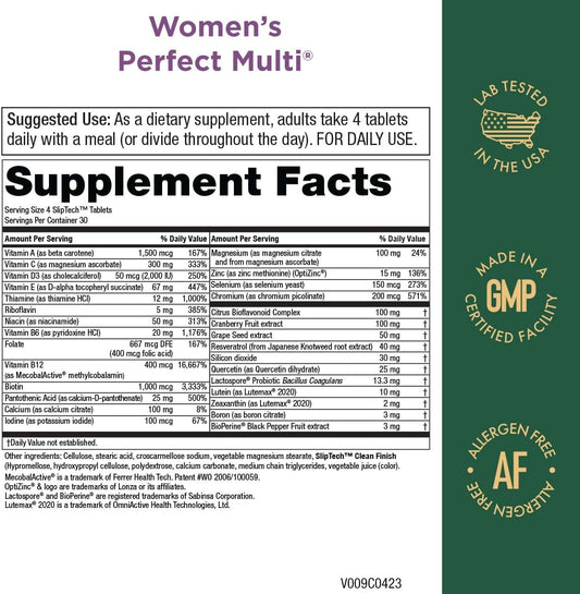 Purity Products Women?s Perfect Multi Balanced Multivitamin - Supports Urinary Tract Health, Immune, Bone + Muscle, Hair, Skin, Nails, an Elite Probiotic for Digestive Health + More - 120 Tablets