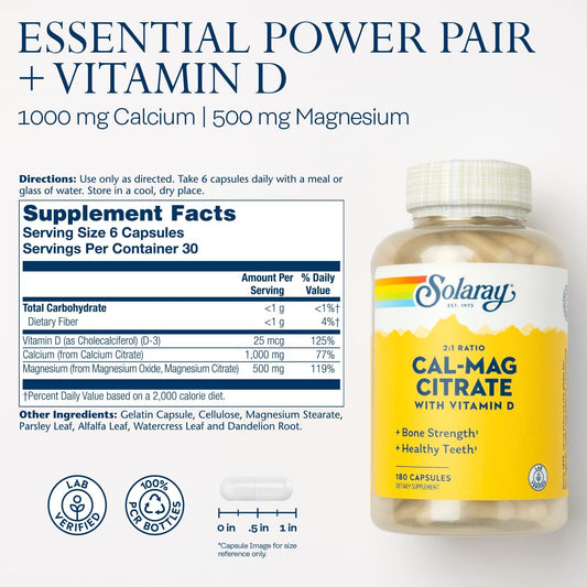 SOLARAY Calcium & Magnesium Citrate 2:1 Ratio w/Vitamin D-3, Healthy Bones, Muscle & Nervous System Support, High Absorption 180 Capsules