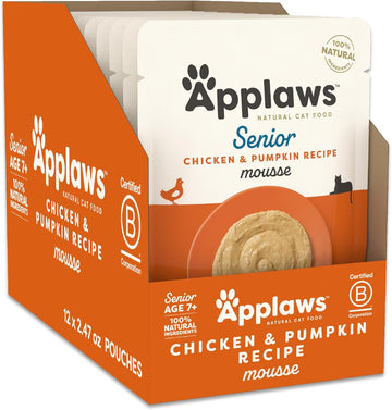 Applaws Natural Senior Wet Cat Food In Creamy Mousse, Limited Ingredient Cat Food With Real Protein, Chicken Breast & Pumpkin In Mousse (12 Count, 2.47 Oz Pouches)