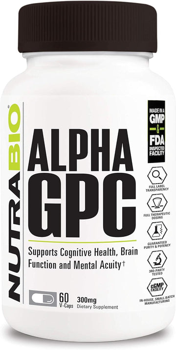 NutraBio Alpha GPC, Brain Support & Improved Memory Function, 300mg - 60 Vegetable Capsules