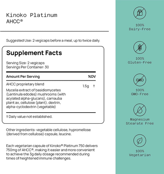 Quality of Life Premium Kinoko Platinum AHCC Herbal Supplement, 750mg of AHCC per Capsule, for Immune Support, Liver Function, Maintains Natural Killer Cell Activity, 1 Pack, 60 Veggie Capsules