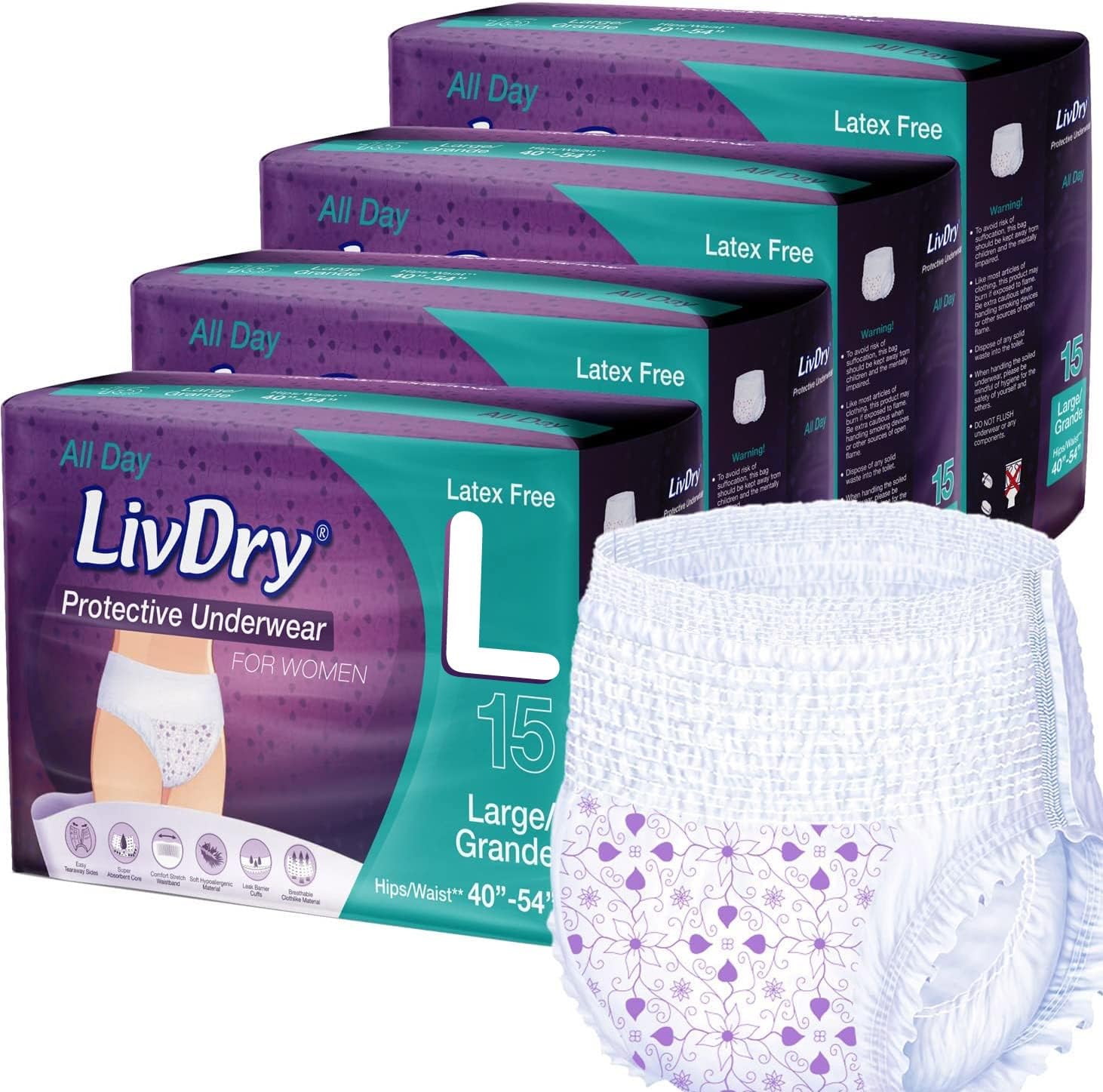 Livdry L Adult Diapers For Women, Ultimate Absorbency Incontinence Underwear, All Day Or Overnight Protection, Large (60 Count)