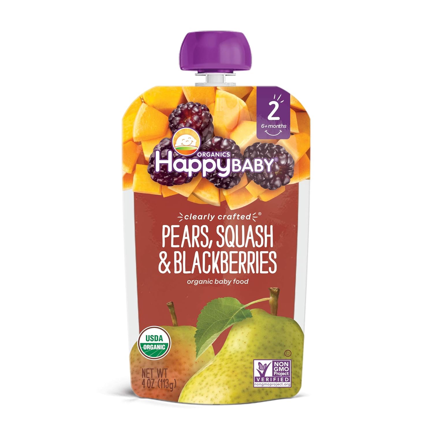 Happy Baby Organics Baby Food Pear Squash & Blackberries, 4 Oz Pouch