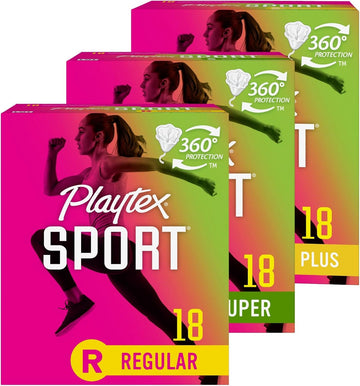 Playtex Sport Tampons, Multipack (18Ct Regular/18Ct Super/18Ct Super+ Absorbency), Fragrance-Free - 54Ct (3 Packs Of 18Ct)