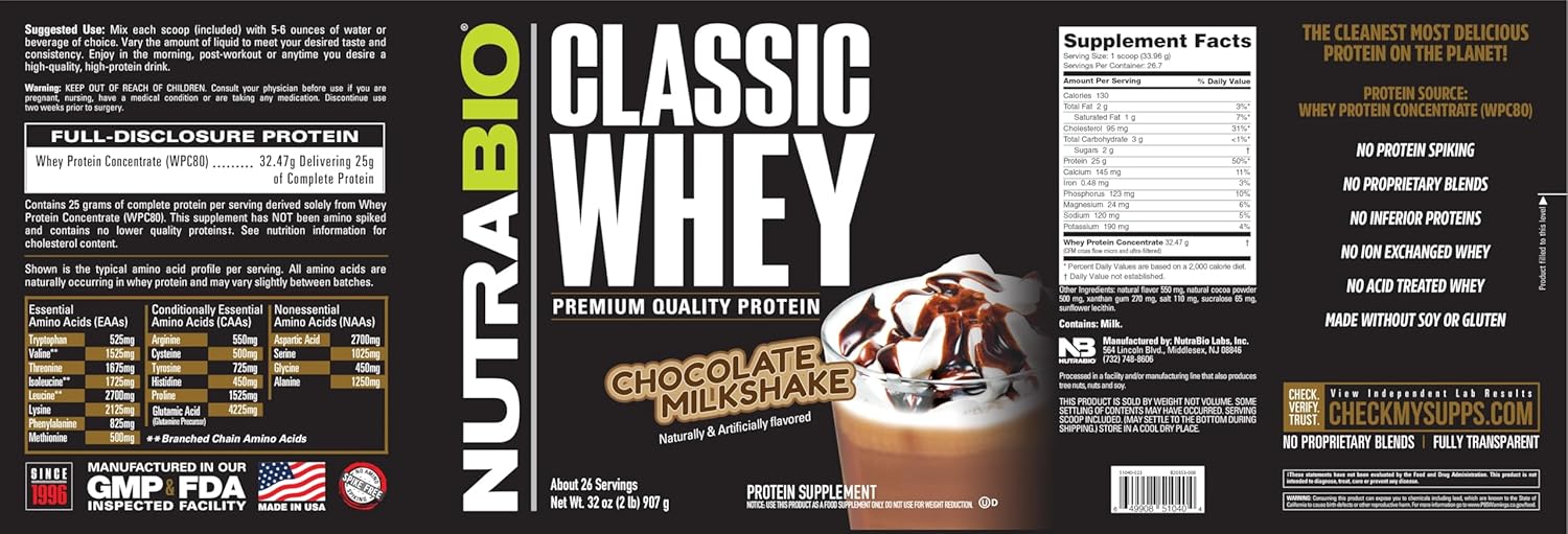 Nutrabio Classic Whey Protein Powder- Full-Spectrum Amino Acid Profile - No Fillers, Artificial Colors, Preservatives - Low Glycemic Index - Chocolate Milkshake, 5 Pounds : Health & Household