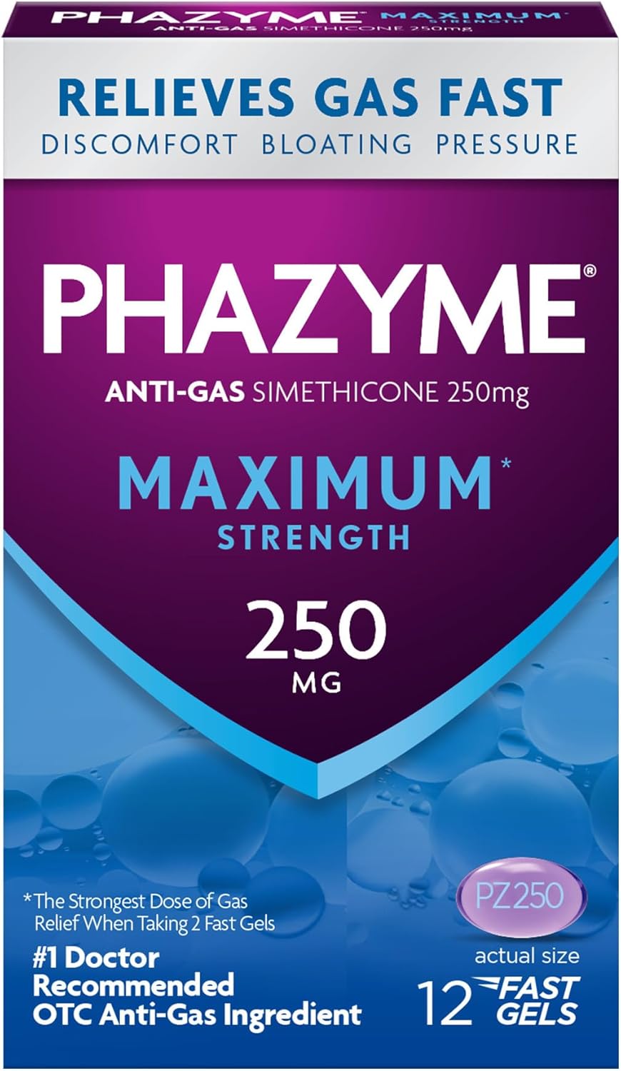 Phazyme Maximum Strength Gas And Bloating Relief, 250 Mg Simethicone, 12 Fast Gels