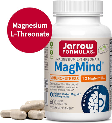 Jarrow Formulas Magnesium L-Threonate, Magmind Immuno-Stress, Dietary Supplement Featuring Ashwagandha And Immunity Support, Vitamins C & D, 60 Capsules, Up To A 30 Day Supply