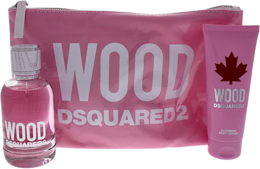 Dsquared Wood By Dsquared2 For Women - 3 Pc Gift Set 3.4Oz Edt Spray, 3.4Oz Body Lotion, Pink Wood Pouch, 100 Milliliters, I0095085