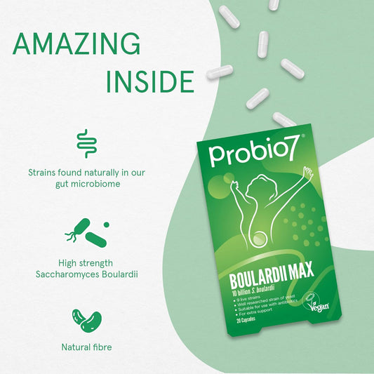 Probio7 Boulardii Max | High Strength Saccharomyces Boulardii | 10 Billion Cfu | | 9 Live Strains | Friendly Yeast And Bacteria In One Capsule | Vegan (20 Capsules)