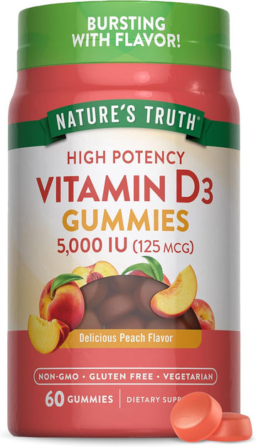 Nature'S Truth Vitamin D3 Gummies | 5000 Iu | 60 Count | Peach Flavor | Vegetarian, Non-Gmo & Gluten Free Supplement