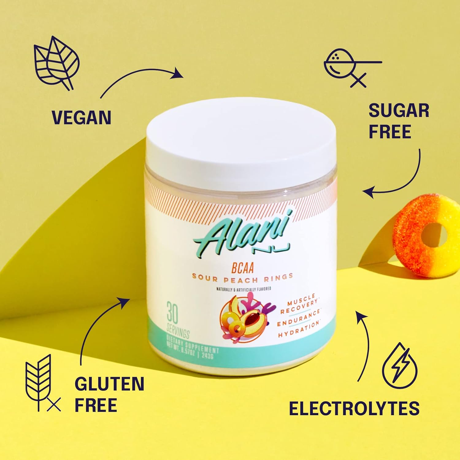 Alani Nu BCAA Sour Peach Ring | Branch Chain Essential Amino Acids | 2:1:1 Formula | Supplement Powder | Muscle Recovery Vitamins for Post-Workout | 30 Servings : Health & Household