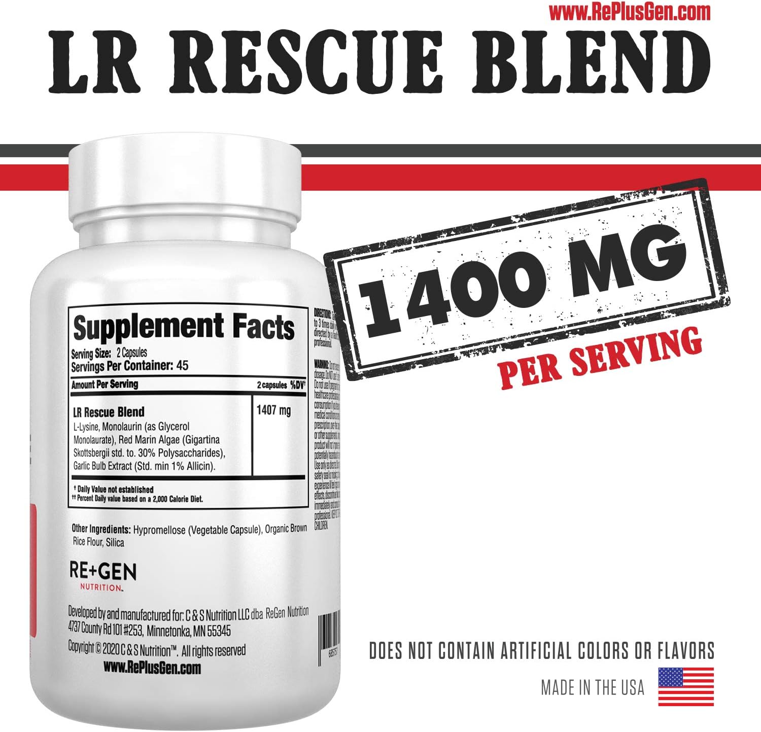 Re+Gen Nutrition Lysine Rescue, Amino Acid Supplement for Stronger Immune Health & Collagen Synthesis in Women & Men, Promotes Lips & Skin Health, Natural, Pure L-lysine, 90 Capsules, 45 Day Supply