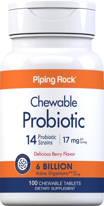 Piping Rock Probiotic Multi Enzymes | 17mg | 100 Chewable Tablets | 14 Strains with 6 Billion CFU | Berry Flavor | Non-GMO, Gluten Free Supplement