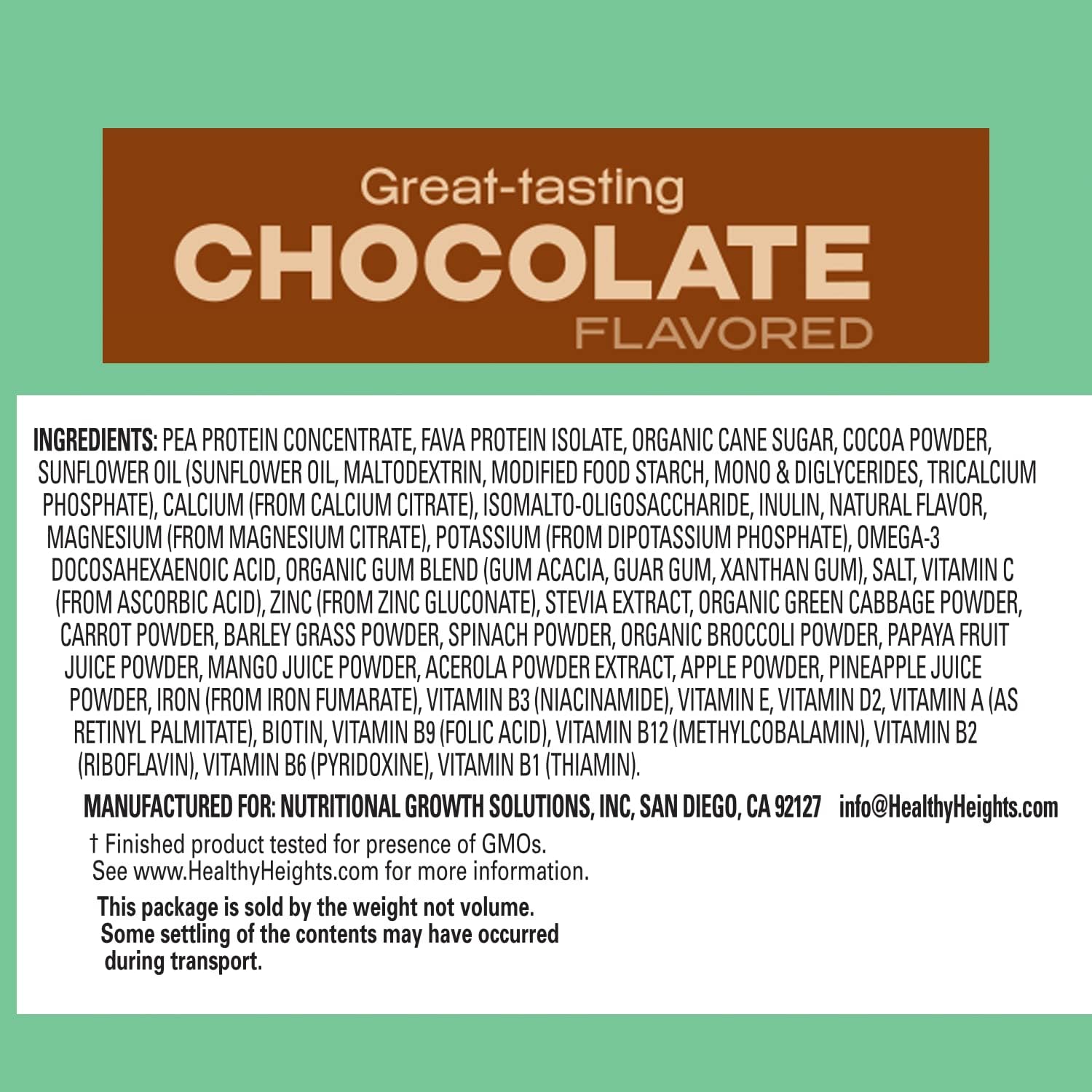 Healthy Height KidzProtein Vegan Shake Mix Bag (Chocolate) Good Protein Nutrition, Key Vitamins & Minerals, No Artificial Flavors, Gluten Free, Soy Free, Peanut Free, No GMOs : Grocery & Gourmet Food