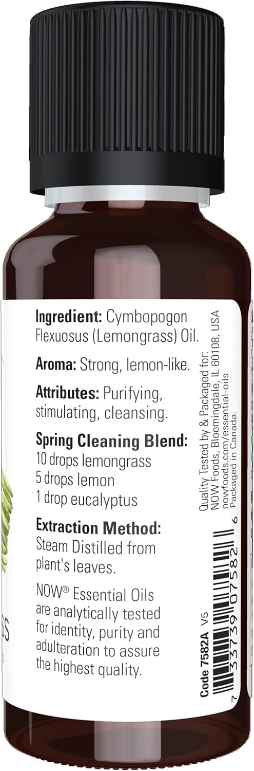 NOW Essential Oils, Lemongrass Oil, Uplifting Aromatherapy Scent, Steam Distilled, 100% Pure, Vegan, Child Resistant Cap, 1-