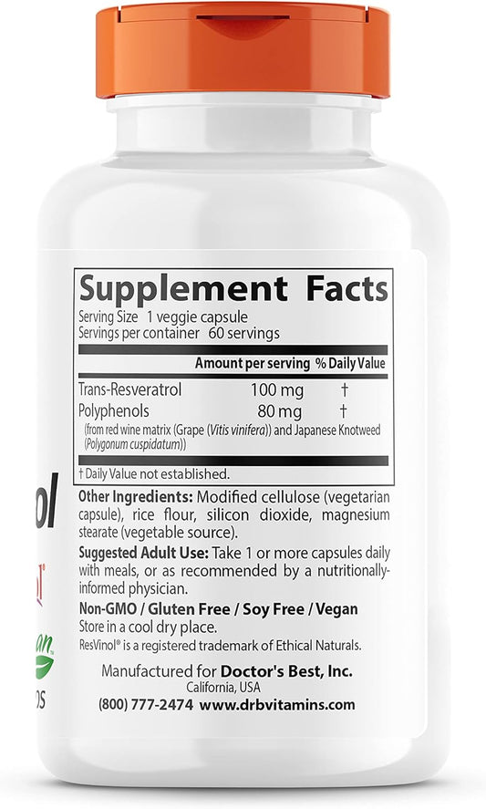 Doctor'S Best, Trans-Resveratrol With Resvinol, Non-Gmo, Vegan, Gluten Free, Soy Free, 100 Mg, 60 Veggie Caps (Drb-00171)