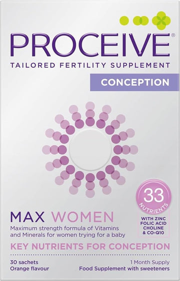 Proceive® Max Women - Fertility Supplement For Conception - Pregnancy Vitamins For Women Trying To Conceive - Zinc, Folic Acid, Vitamin D - 30 Sachets (1 Month Supply) - Certified Vegan