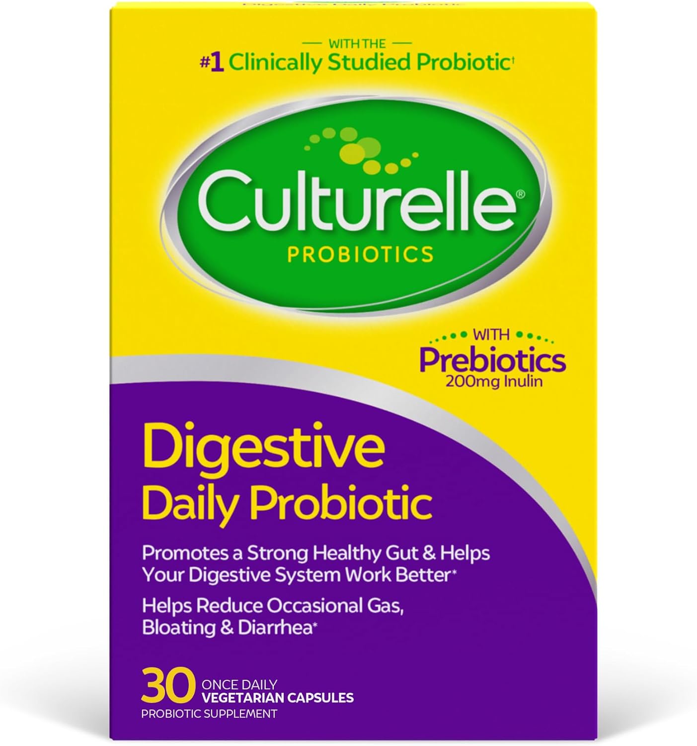 Culturelle Daily Probiotic Capsules For Men & Women, Most Clinically Studied Probiotic Strain, Digestive & Gut Health, Supports Occasional Diarrhea, Gas & Bloating, 1 Month Supply, 30 Ct