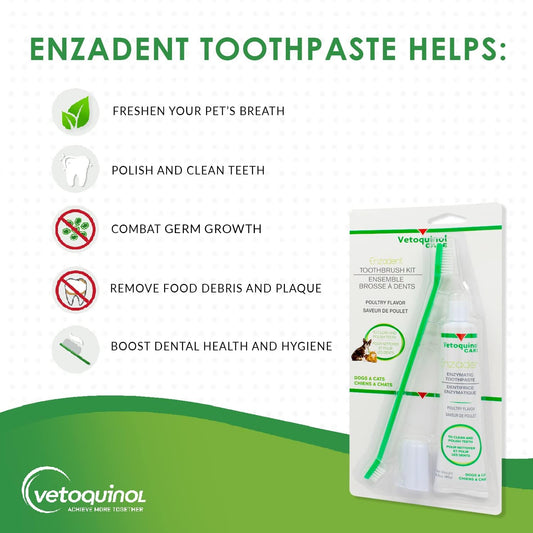 Vetoquinol Enzadent Enzymatic Toothpaste Kit + Fingerbrush & Dual-End Toothbrush for Cats & Dogs – 3.2 oz, Poultry Flavor – Oral Dental Care Kit: Removes Plaque, Polishes Teeth & Freshens Breath