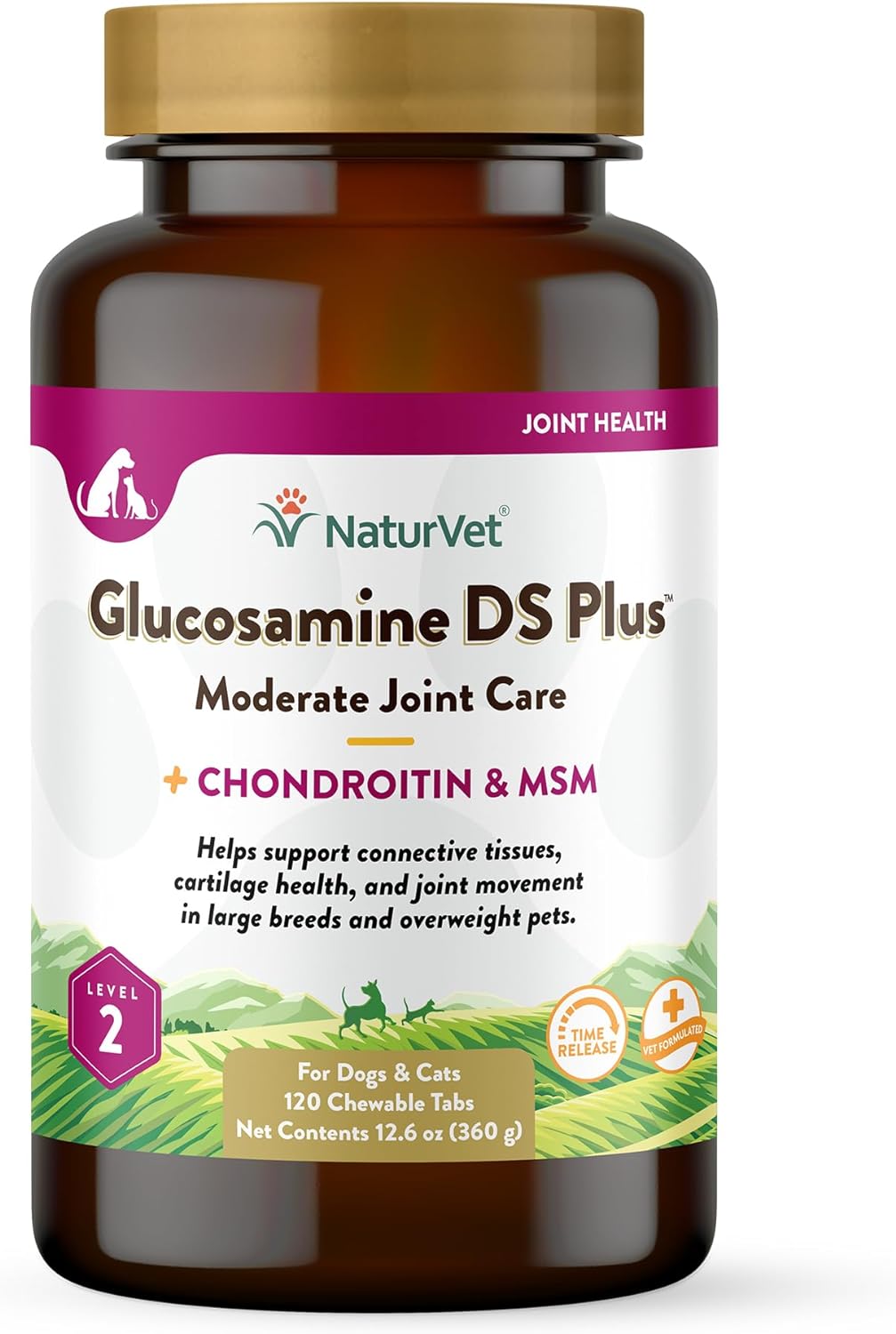 NaturVet Glucosamine DS Plus Level 2 Moderate Care Joint Support Supplement for Dogs and Cats, Chewable Tablets Time Release, Made in The USA, 120 Count