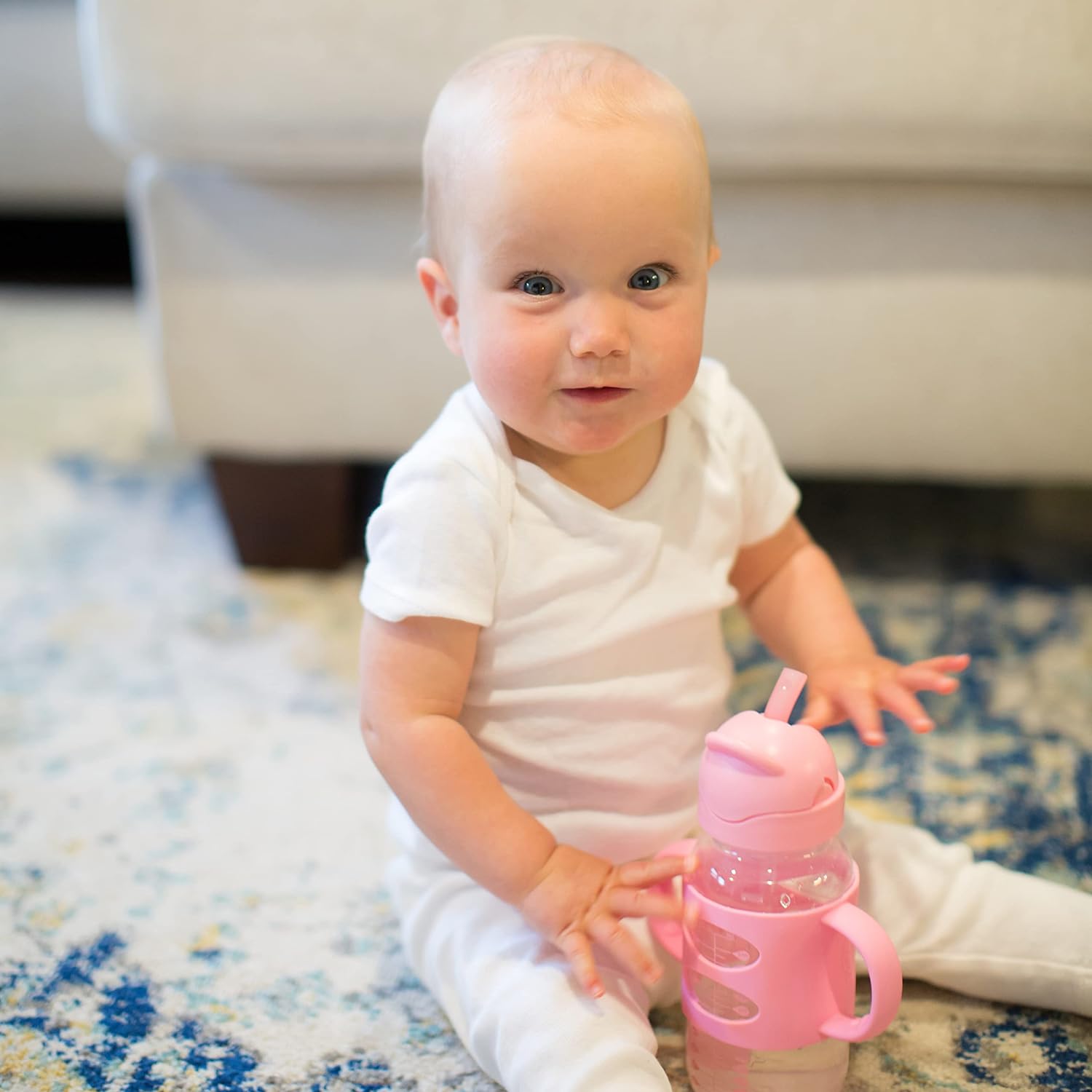 Dr. Brown's Milestones Wide-Neck Sippy Straw Bottle with 100% Silicone Handles and Weighted Straw, 9 oz/270 mL, Pink, 6m+ : Baby