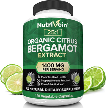 Nutrivein Organic Citrus Bergamot 25:1 Bergamia Extract 1400 mg - Heart Health in Men and Women - 60 Day Supply (120 Capsules, Two Daily)