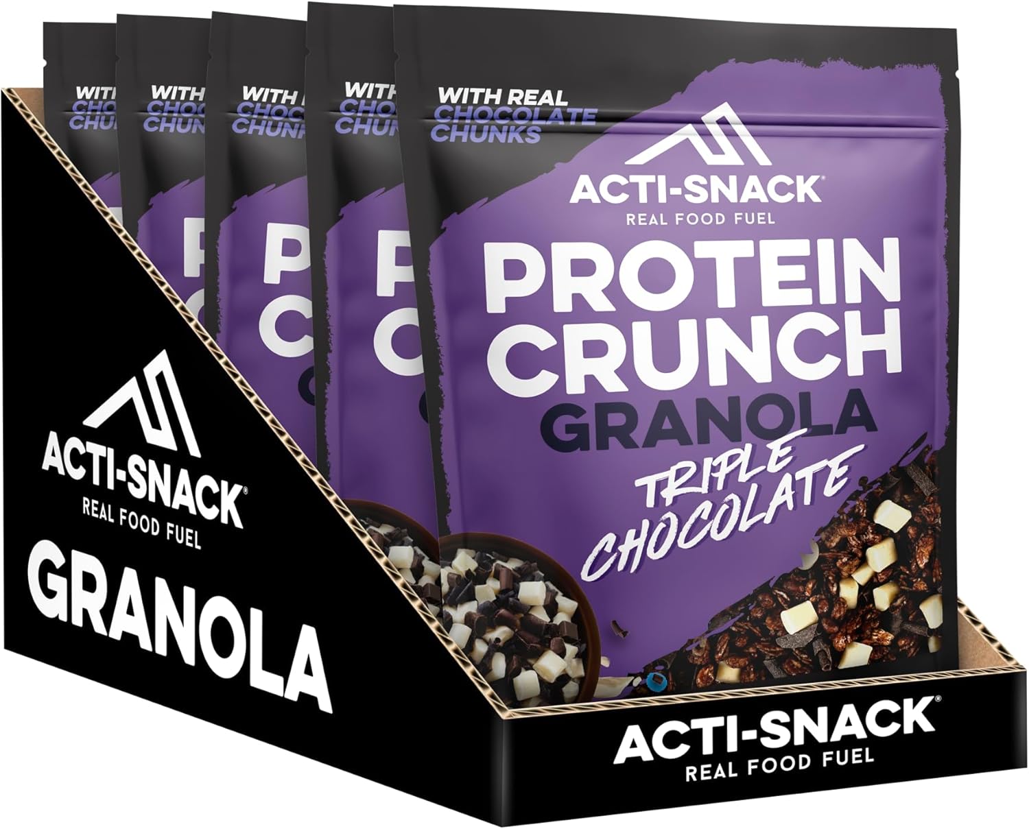 Acti-Snack High Protein Triple Chocolate Granola - 5 X 350G Packs - Protein Granola | High Protein Cereals Breakfast | Low Sugar Granola - High Fibre Granola Cereal