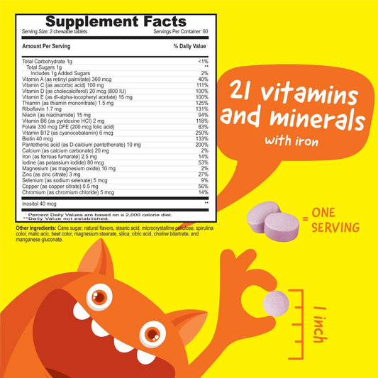 Kids Multivitamin With Iron & Minerals Chewable Tablets - Mixed Fruit Flavor - Vegetarian, Gmo-Free, Nut Free - Dietary Supplement - Digestive Support For Children - 120 Chewables"