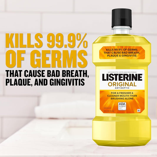 Listerine Original Antiseptic Oral Care Mouthwash To Kill 99% Of Germs That Cause Bad Breath, Plaque And Gingivitis, Ada-Accepted Mouthwash, Original Flavored Oral Rinse, 1 L