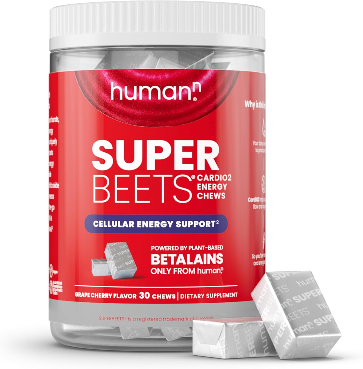 Humann Superbeets Cardio2 Beet Energy Chews - Betalains Compound To Support Heart Healthy Energy & Blood Flow - Plant Based - No Caffeine Or Stimulants - Grape Cherry Flavor - 30 Servings