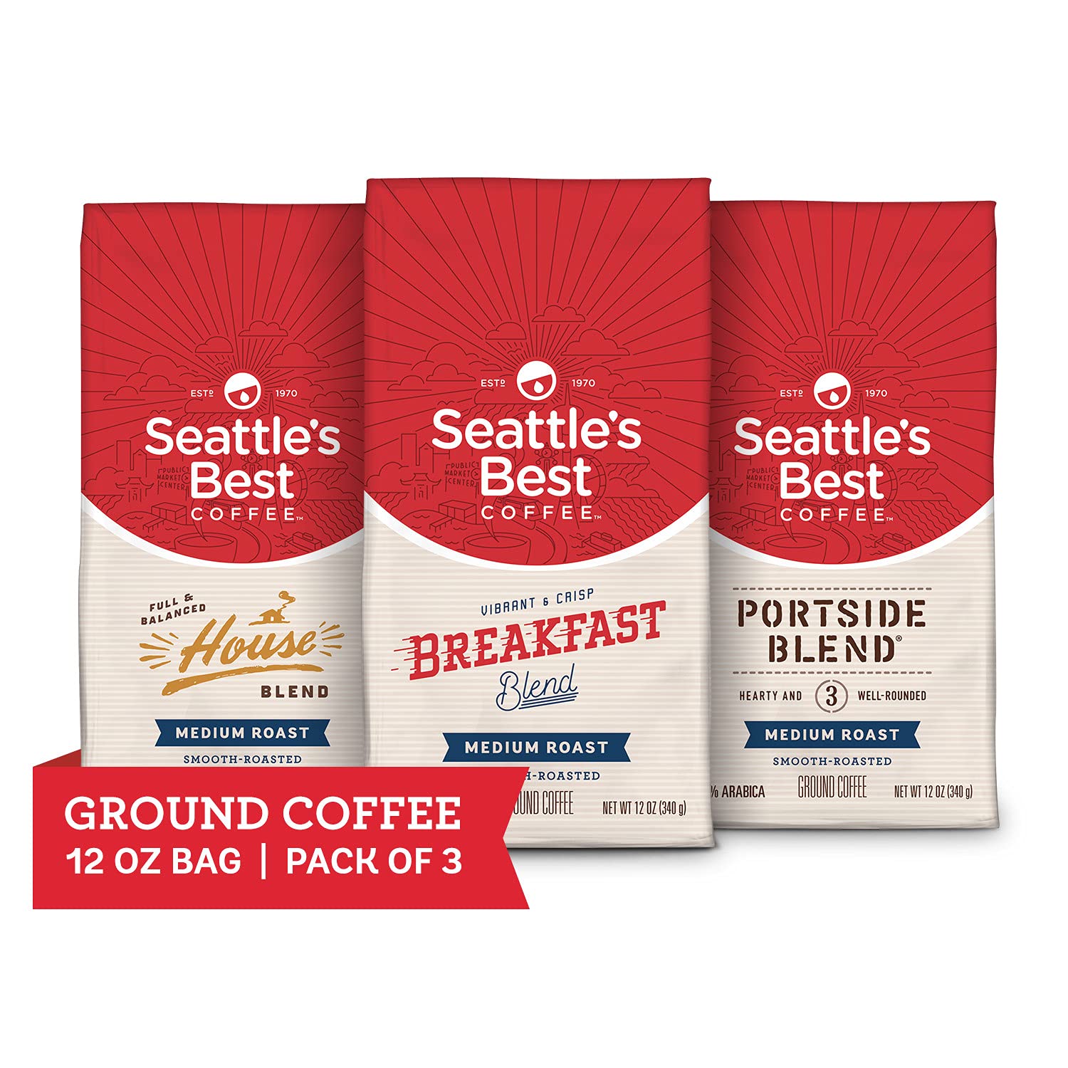Seattle's Best Coffee Medium Roast Ground Coffee Variety Pack | 12 Ounce Bags (Pack of 3)