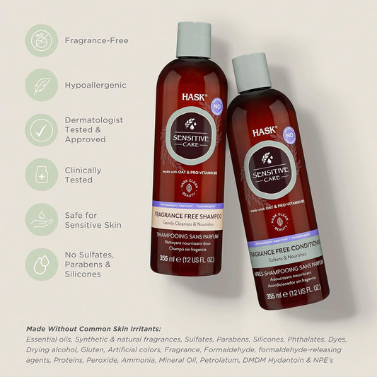 Hask Sensitive Care Shampoo + Conditioner Set - Fragrance & Paraben Free, Vegan, Color Safe, Gluten & Sulfate Free, Cruelty-Free