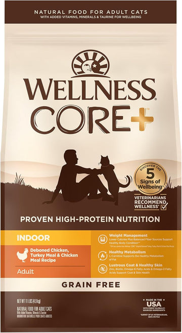 Wellness Core+ Grain-Free High Protein Adult Dry Cat Food, Chicken, Turkey & Chicken Meal Indoor Formula Dry Cat Food, 11 Pound Bag