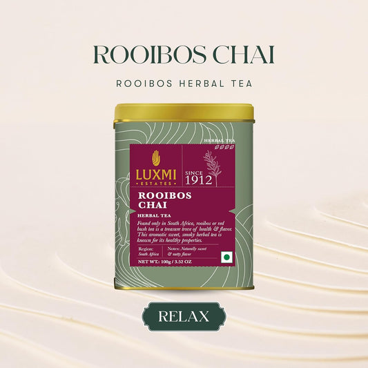 Luxmi Estates - Rooibos Chai - Organic Rooibos Tea With Spices - Loose Leaf - 100G (50 Cups) | Limited Fall Tea | Special Edition Autumn Tea With Cinnamon, Cardamom And Clove | Perfect For Moments Of Relaxation And Tranquility